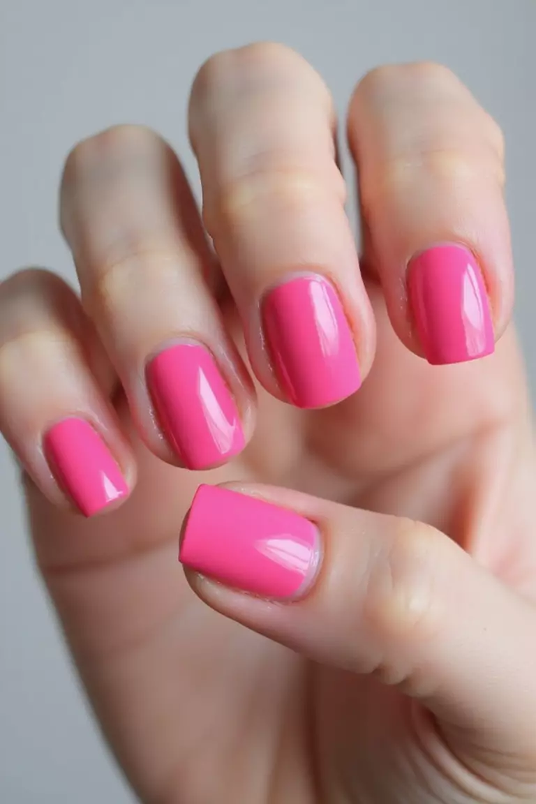 Barbie Pink Close-up of a woman's hand with five fingers featuring short, bright Barbie pink nails with a glossy finish, showing a clean, vibrant manicure against a neutral background.