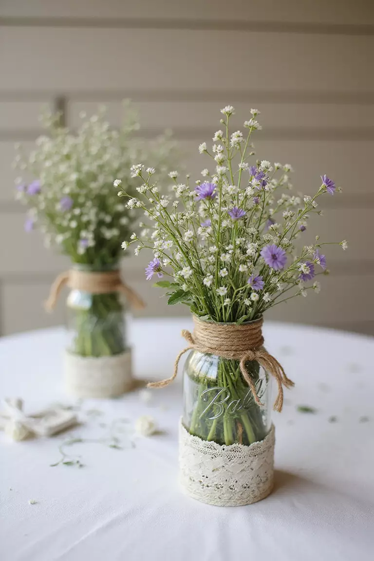 Mason Jar Centerpieces A professional photo, similar to a photo in a wedding magazine, of mason jars of varying sizes filled with wildflowers and baby's breath, wrapped with twine and lace, wedding table.