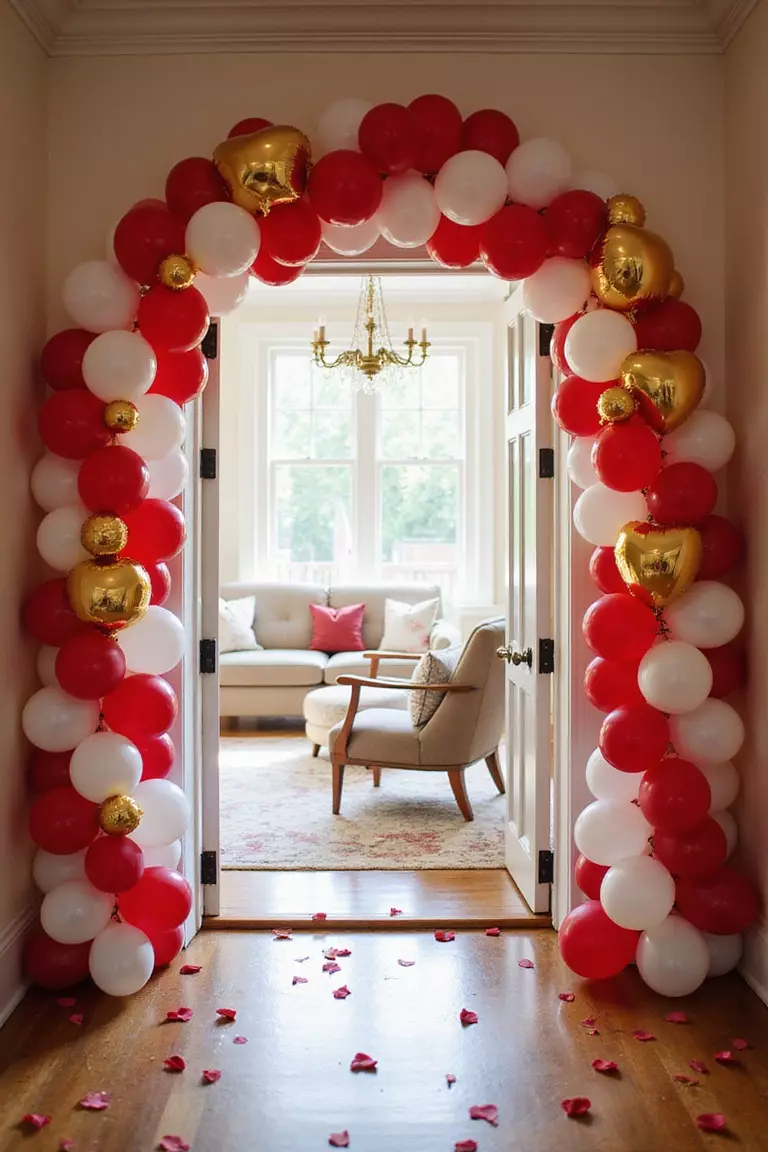 Balloon Arch A professional photo, similar to a photo in a home design magazine, of a romantic balloon arch in red, white, and gold colors decorating a living room entrance, with soft lighting and rose petals on the floor.
