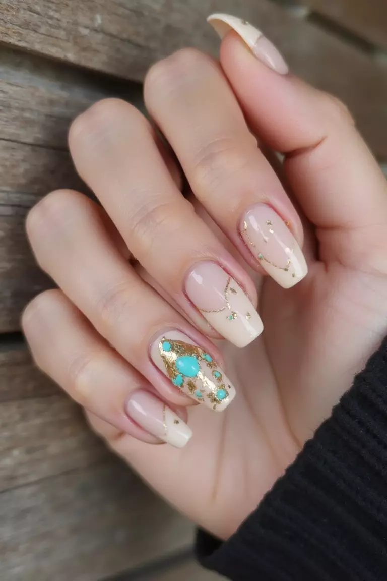 Bohemian Beauty: Free-Spirited Nail Art for Summer Weddings Close-up of a woman's hand with neutral beige nails featuring delicate geometric patterns, tiny gold leaf accents, and turquoise details against a rustic wooden background.