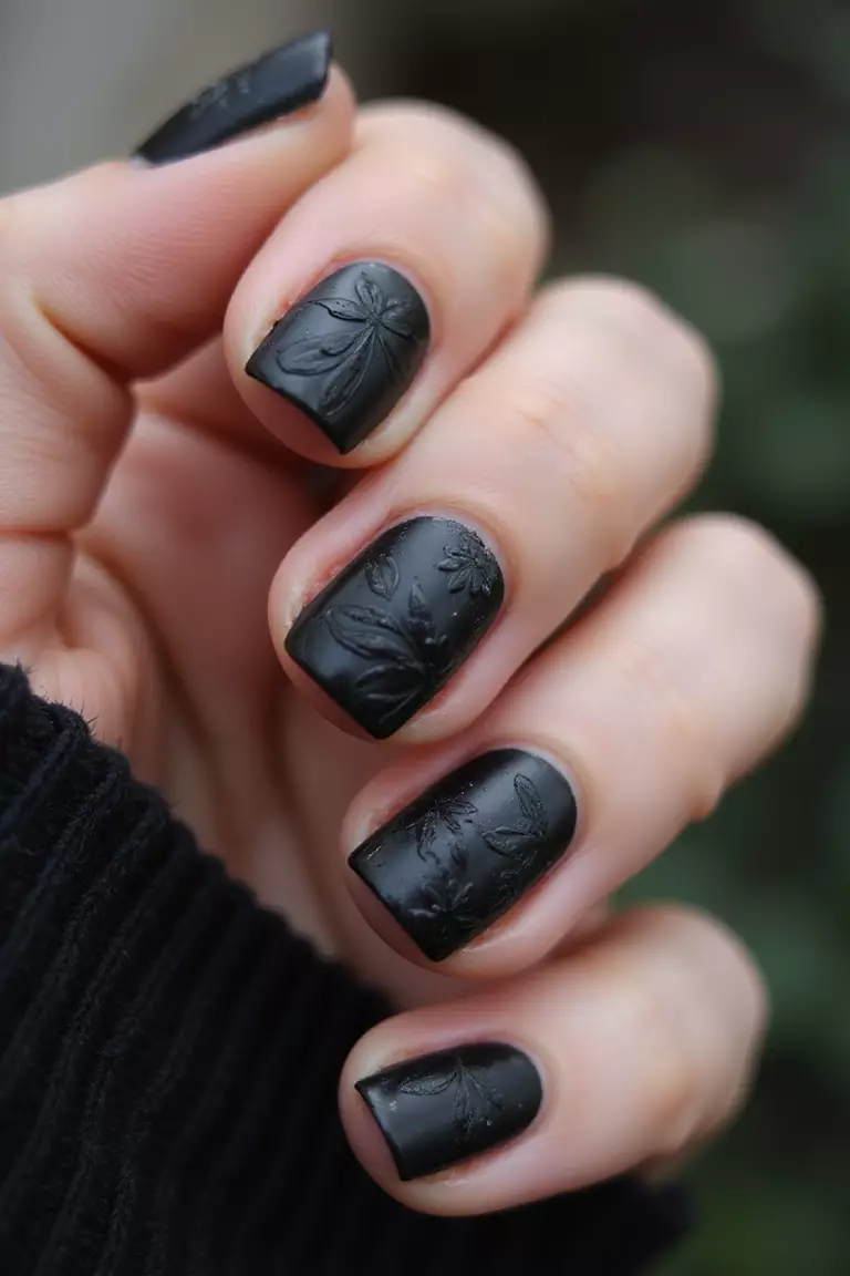3D Black Floral Details Close-up of a woman's hand with five fingers featuring black nails with raised black floral designs, creating textured dimensional effect.