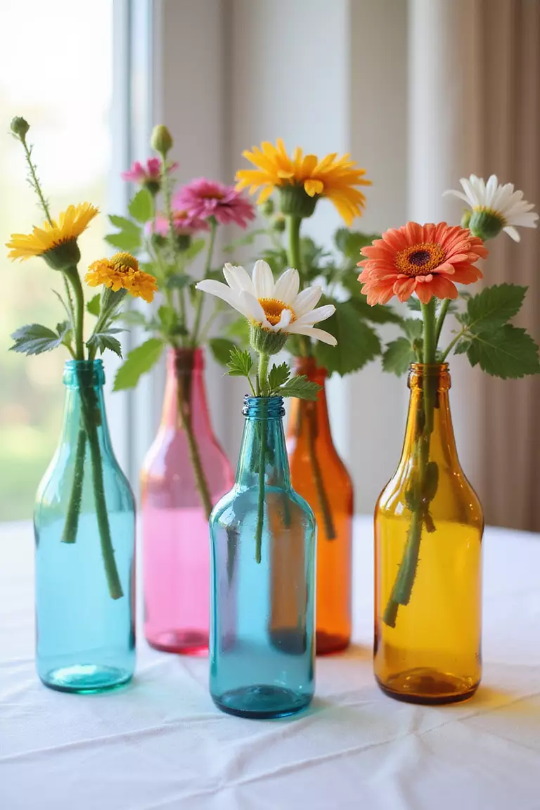 Mismatched Glass Bottles A professional photo, similar to a photo in a wedding magazine, of colorful glass bottles in various shapes and sizes containing single stem flowers, arranged on a white linen tablecloth with soft natural light.