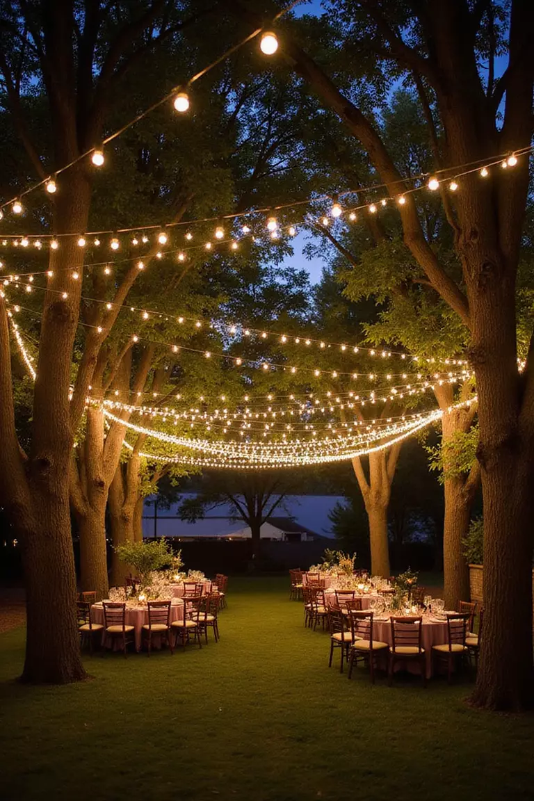 Hanging String Lights A professional photo, similar to a photo in a wedding magazine, of twinkling string lights hanging between trees over a garden wedding reception area, creating a warm glow at dusk.