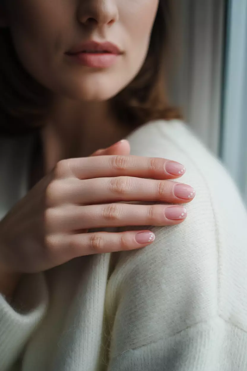 Close-up of a woman's hand with pale pink nails featuring tiny white heart details near the cuticles, soft lighting highlighting the delicate design against smooth skin.