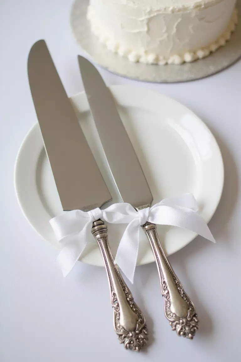 Thrifted Cake Knife Set A professional photo, similar to a photo in a wedding magazine, of an ornate silver vintage cake knife and server set with intricate handle details, tied with satin ribbon, beside a white wedding cake.