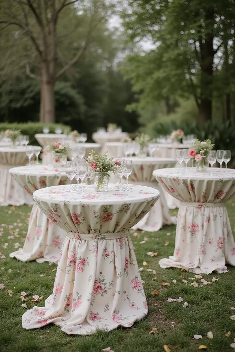 Garden Cocktail Tables A professional photo, similar to a photo in a wedding magazine, of elegant cocktail tables covered with floral tablecloths, small centerpieces, and champagne glasses scattered throughout a garden setting.