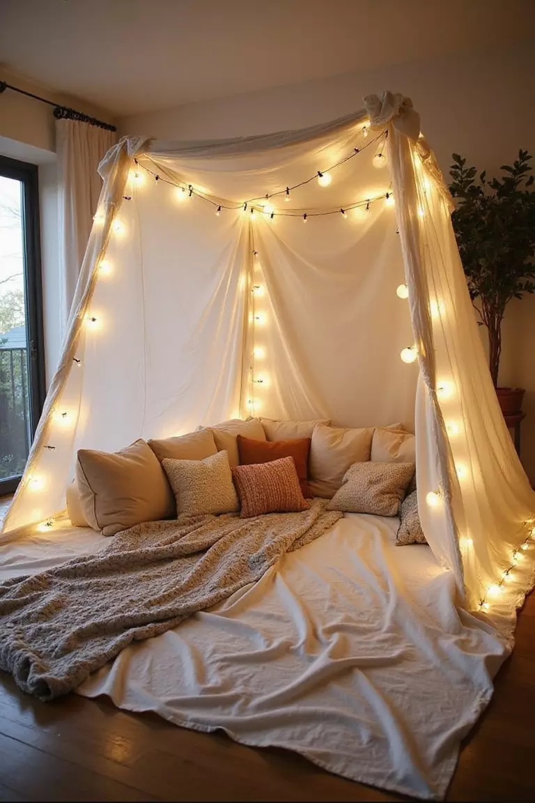 Pillow and Blanket Fort A professional photo, similar to a photo in a home design magazine, of a cozy blanket fort made with sheets, pillows, and string lights in a living room, creating an intimate space.