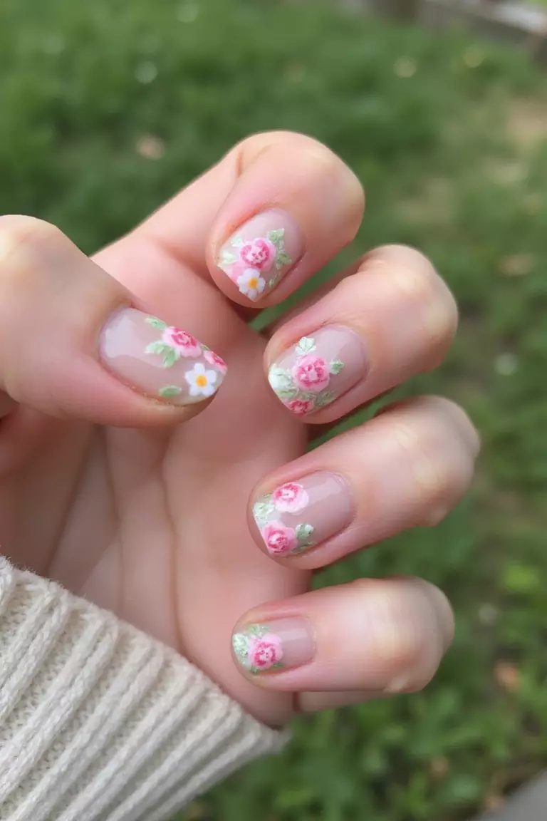 Flower Power: Delicate Floral Accents for a Garden-Inspired Look Close-up of a woman's hand with transparent nude nails featuring hand-painted tiny pink and white flowers with green leaves against a soft garden background.