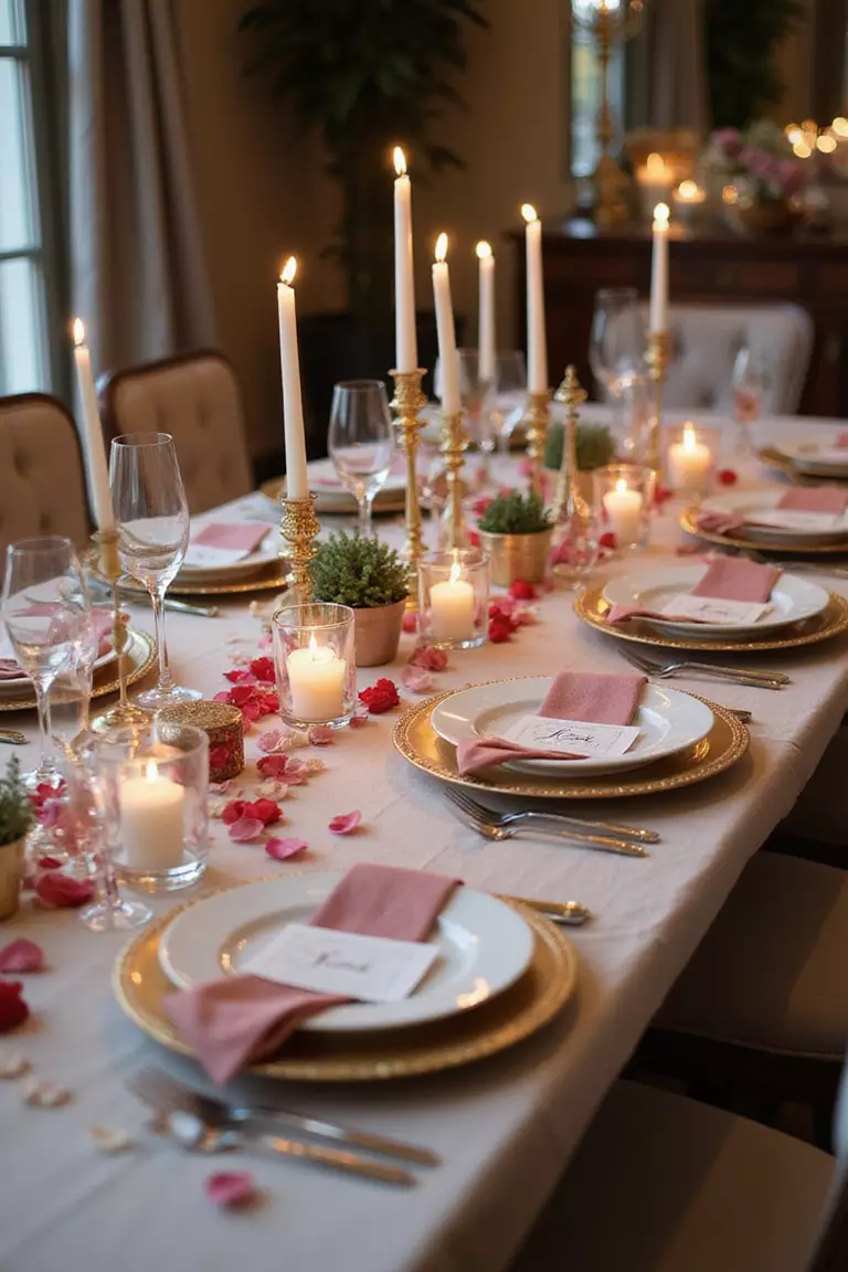 Romantic Table Setting A professional photo, similar to a photo in a home design magazine, of an elegantly set dining table with candles, rose petals, fine china, crystal glasses, and a small centerpiece.