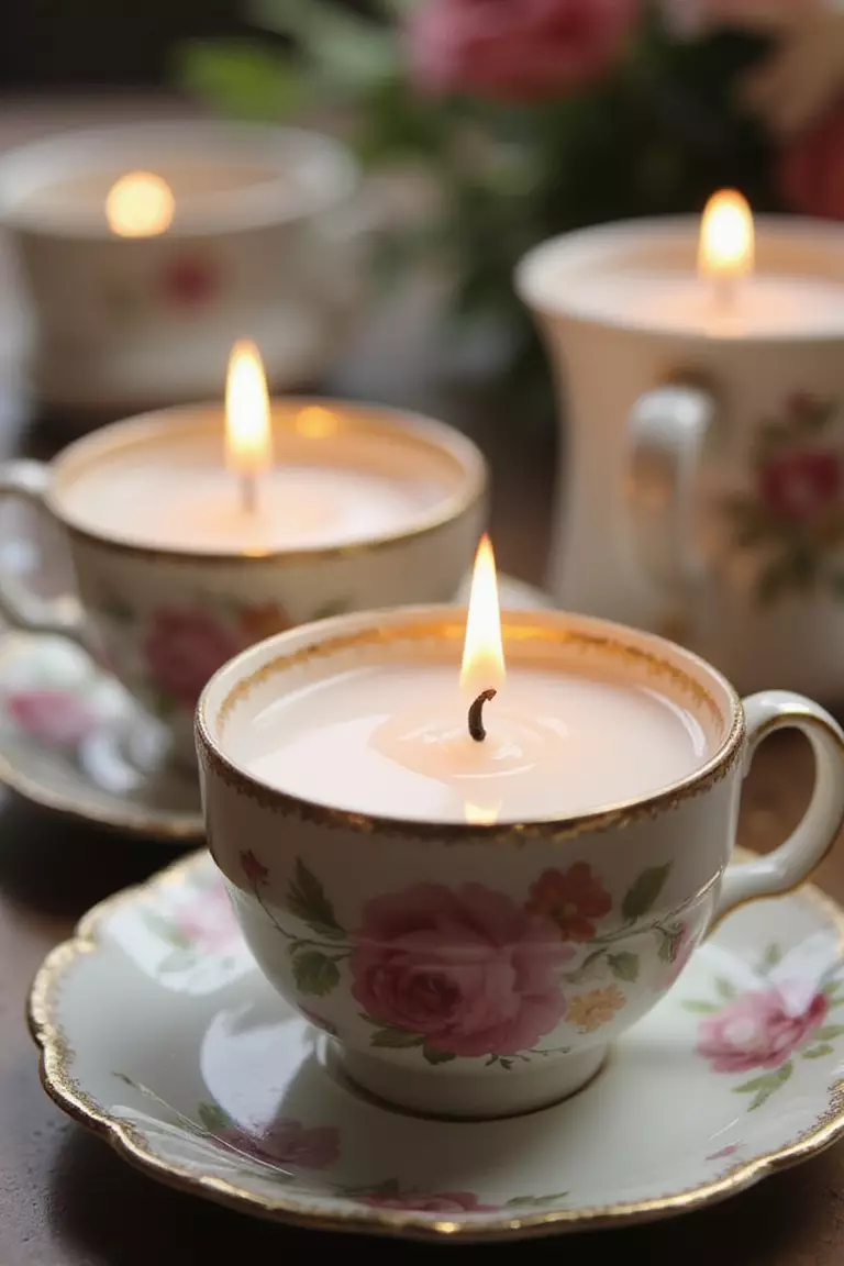 Teacups for Candle Holders A professional photo, similar to a photo in a wedding magazine, of delicate vintage teacups with floral patterns filled with white melted wax and lit wicks, creating a warm glow.