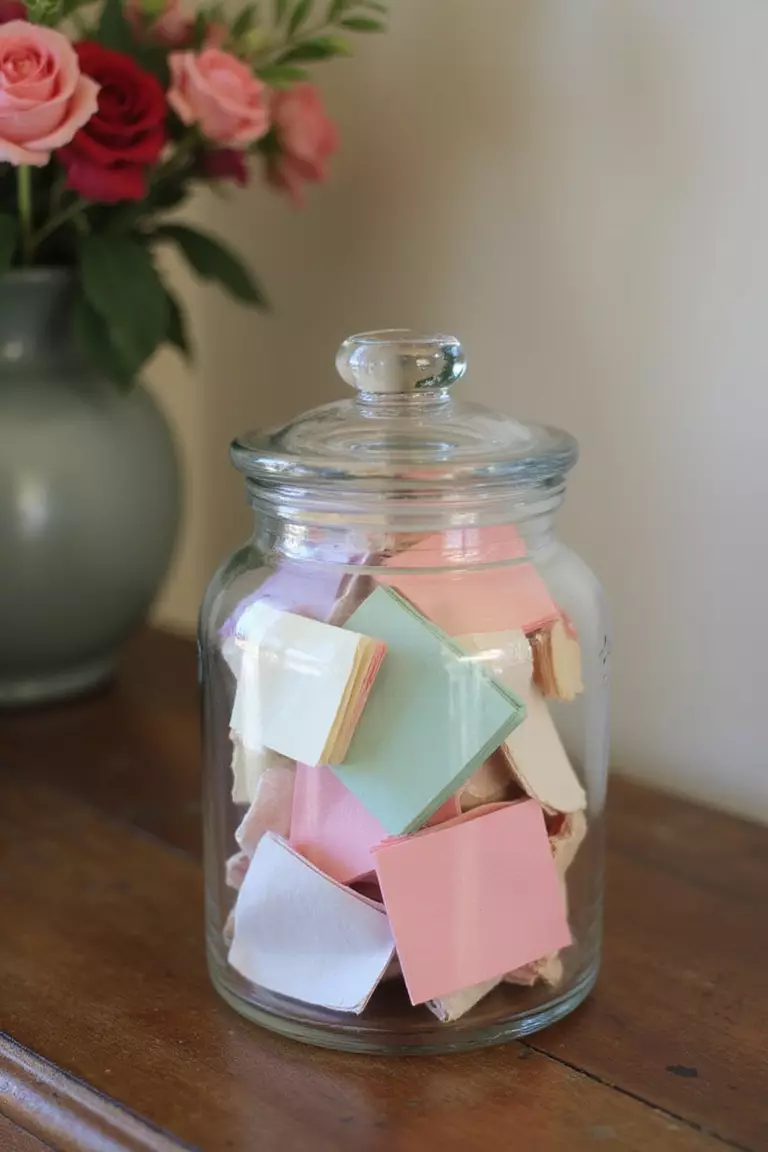 Memory Jar Display A professional photo, similar to a photo in a home design magazine, of a decorative glass jar filled with folded colorful paper notes, placed on a wooden side table with soft lighting.