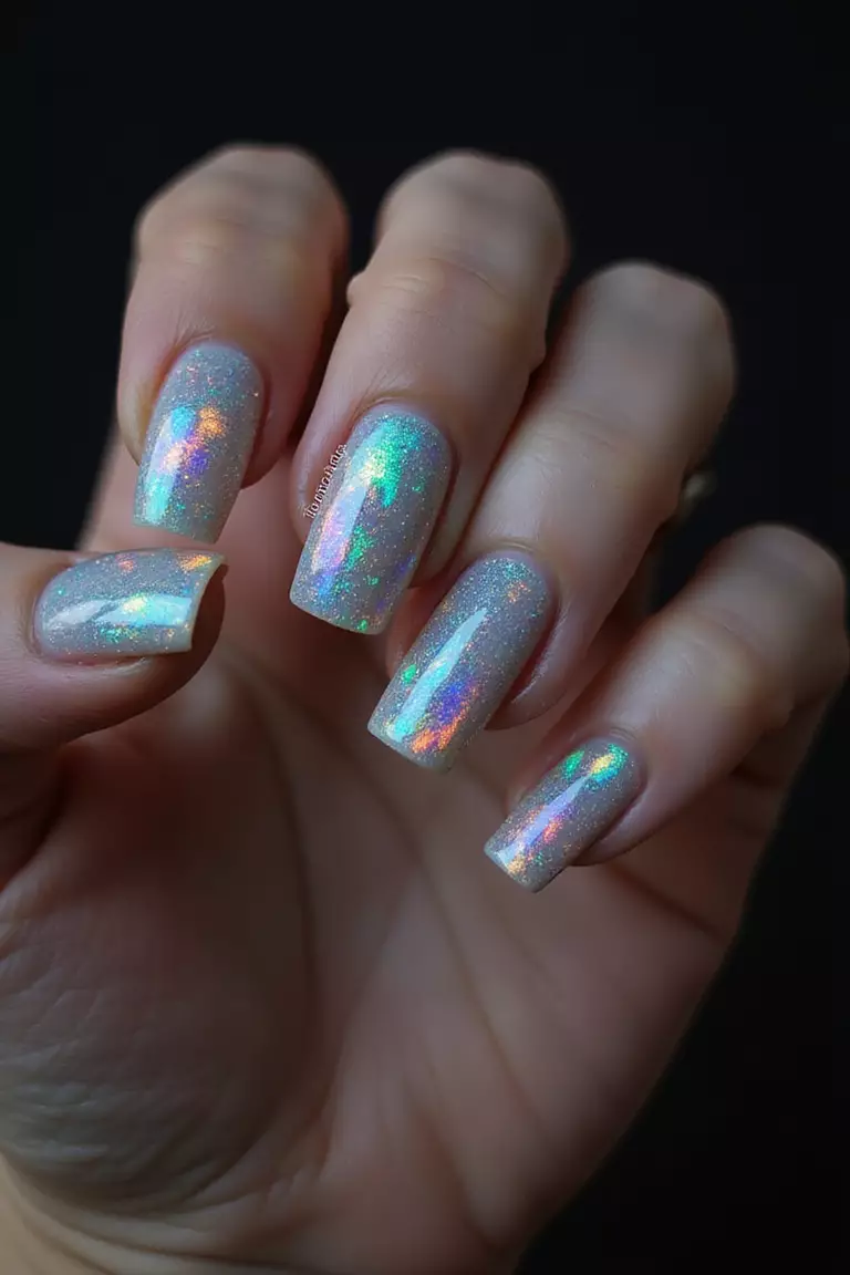 Close-up of a woman's hand displaying opal-like iridescent nails that shift colors in the light, photographed against dark background to highlight the rainbow reflections and sparkle.
