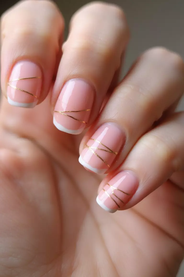 Pink with Thin Gold Stripes Close-up of a woman's hand with five fingers featuring pink nails with thin gold striping tape creating delicate lines across each nail.