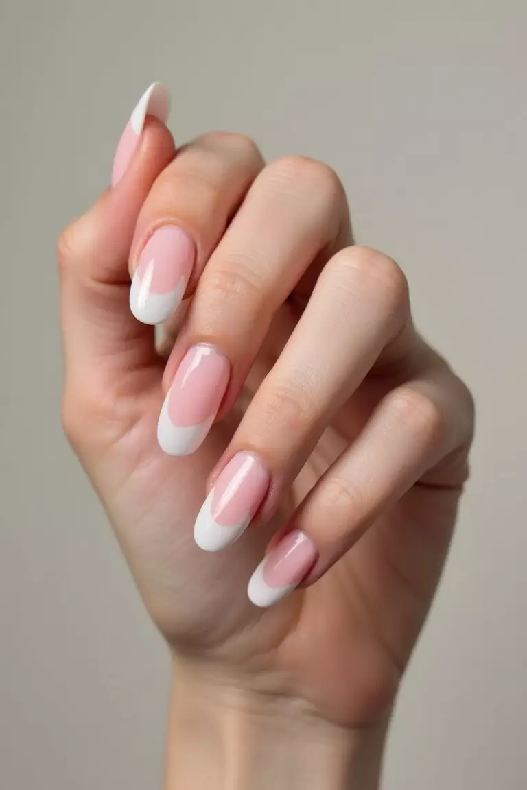 Classic Pink French Tips Close-up of a woman's hand with five fingers featuring pink french tips with white edges, glossy finish, against a neutral background.