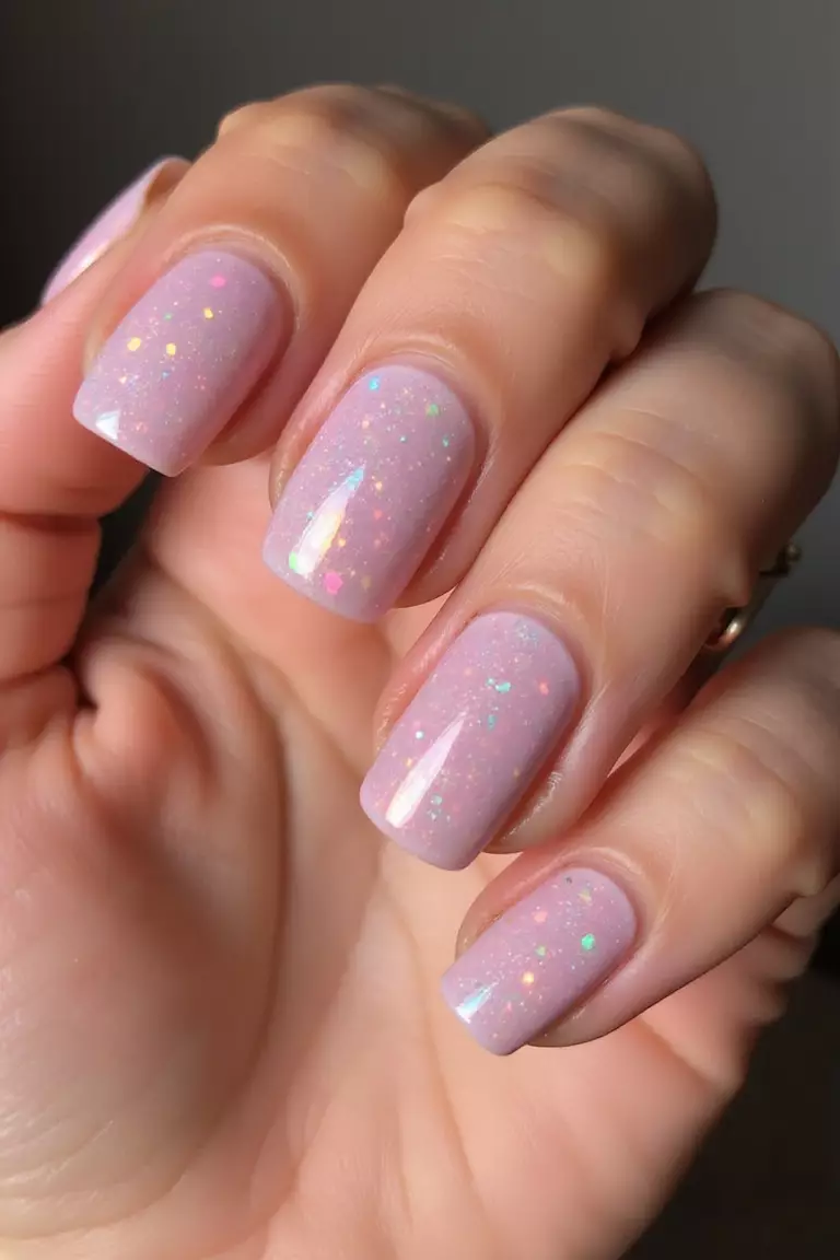 Holographic Pink Shimmer Close-up of a woman's hand with five fingers featuring pink holographic nails shifting colors in the light, rainbow reflective finish.