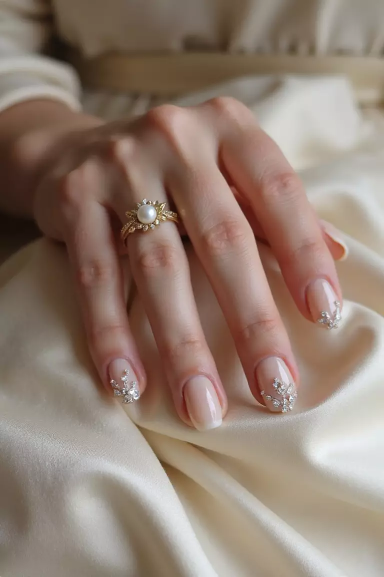 Close-up of a woman's hand with nude nails adorned with delicate pearl embellishments and tiny crystal accents, soft lighting highlighting the dimensional texture against silk fabric.