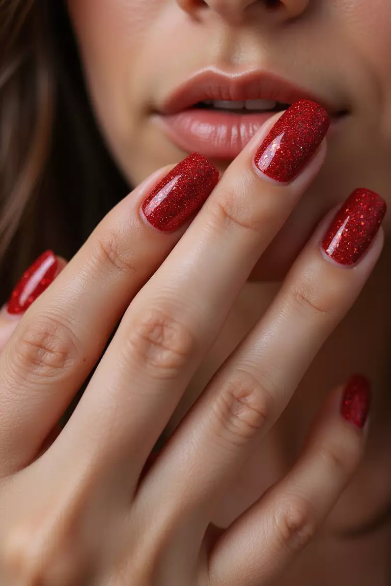 Close-up of a woman's hand with bright red nails covered in fine glitter particles that sparkle like tiny diamonds, posed delicately.
