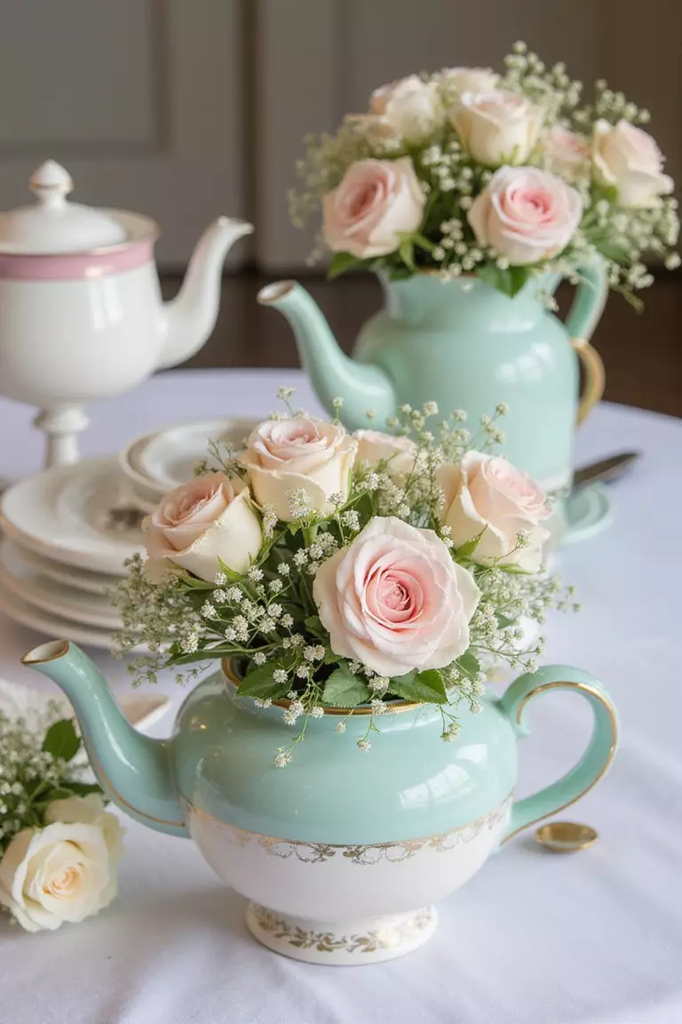 Teapots as Flower Vases A professional photo, similar to a photo in a wedding magazine, of vintage porcelain teapots in pastel colors filled with garden roses, baby's breath, and greenery arranged on round tables.