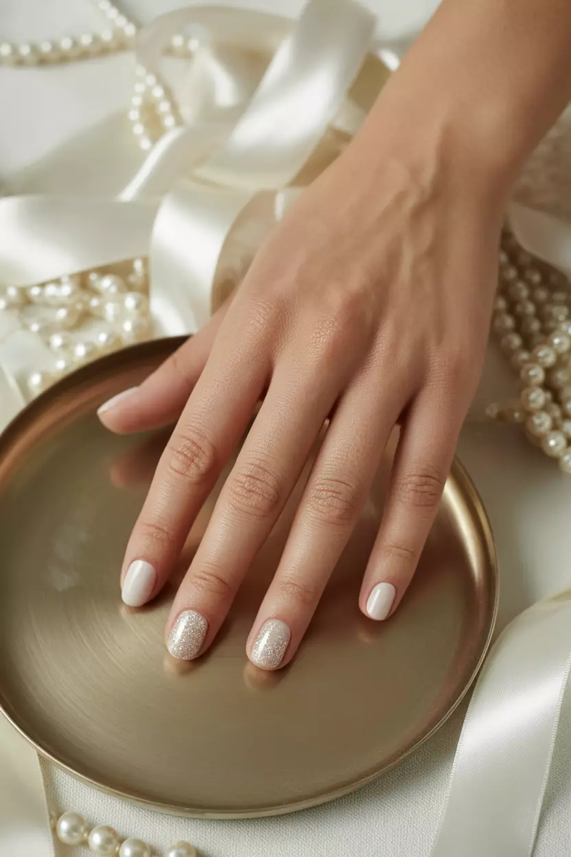 Subtle Glitter Accent Close-up of a woman's hand with neutral nails featuring one glitter accent nail on each hand, posed elegantly against wedding decor.