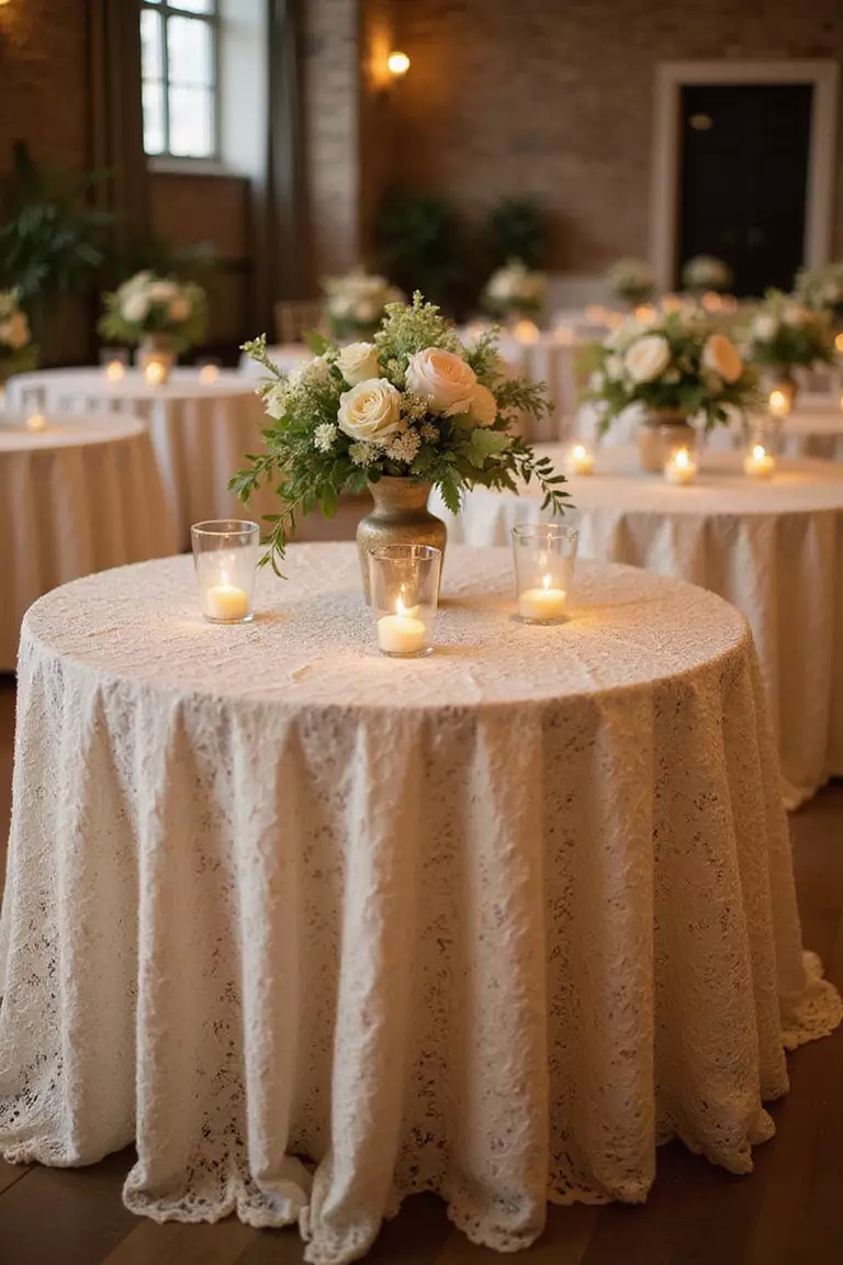 Lace Tablecloths A professional photo, similar to a photo in a wedding magazine, of vintage lace tablecloths in cream color draped over round tables, with soft floral centerpieces and glowing candles creating romantic ambiance.