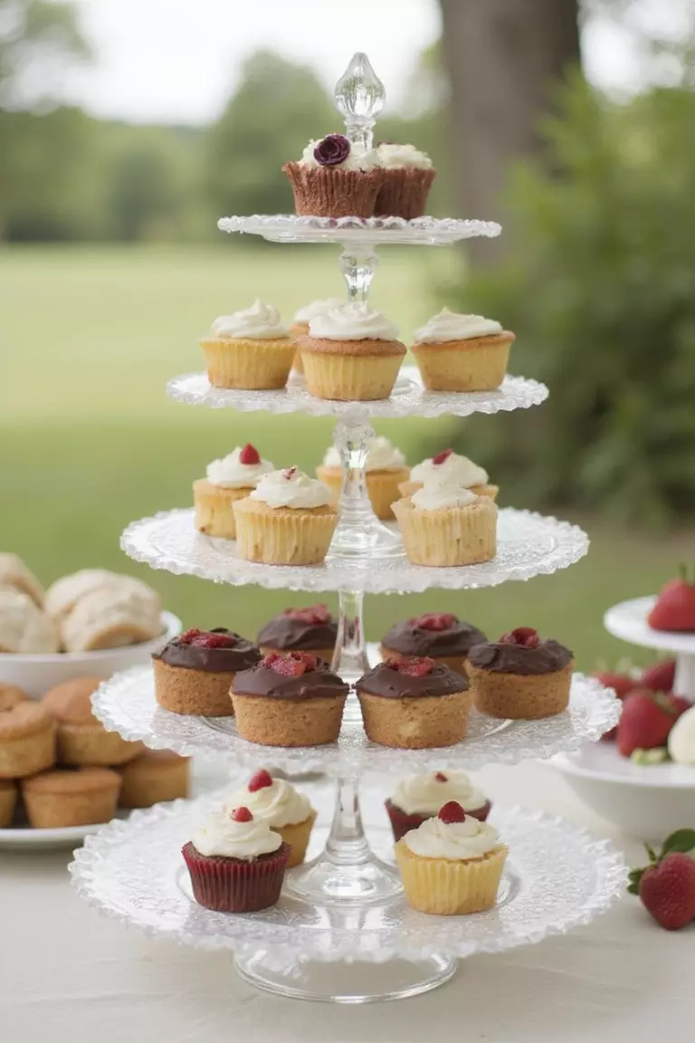 Cake Stand from Plates and Glasses A professional photo, similar to a photo in a wedding magazine, of tiered cake stands made from vintage plates and crystal glasses glued together, displaying cupcakes and small desserts.