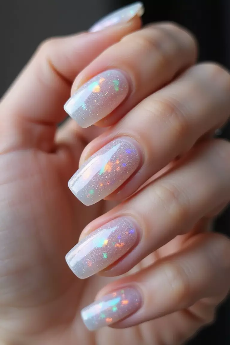 Close-up of a woman's hand with transparent nails featuring opalescent shimmer that shifts colors, photographed in varied lighting to capture the rainbow effect against pale skin.