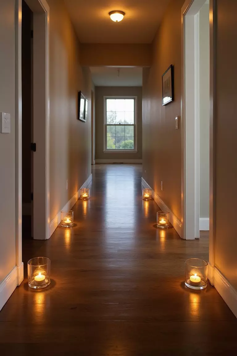 Candlelit Pathway A professional photo, similar to a photo in a home design magazine, of a hallway lined with small glass candle holders creating a warm glow against dark wood floors.