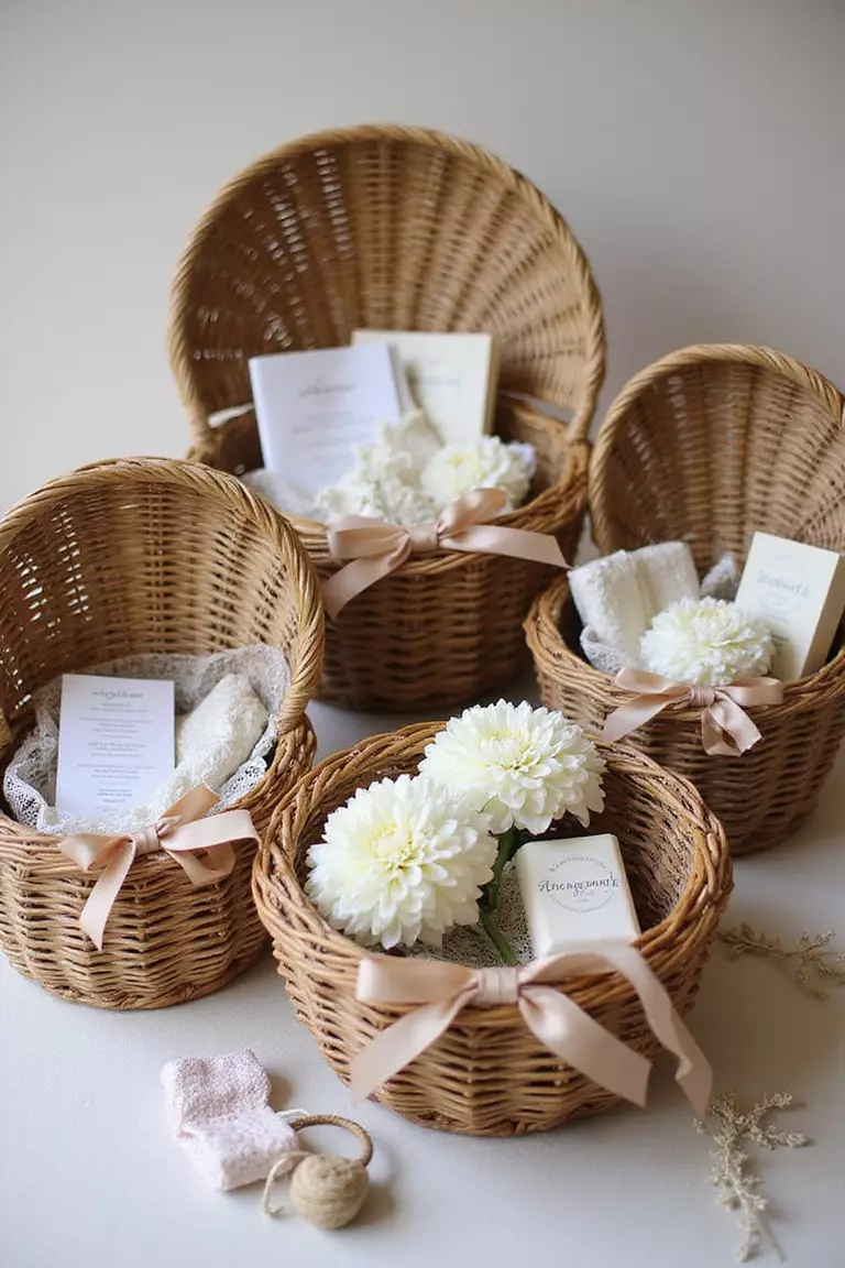 Thrifted Baskets A professional photo, similar to a photo in a wedding magazine, of woven wicker baskets in various sizes holding flowers, programs, and gifts, decorated with ribbon and lace accents.