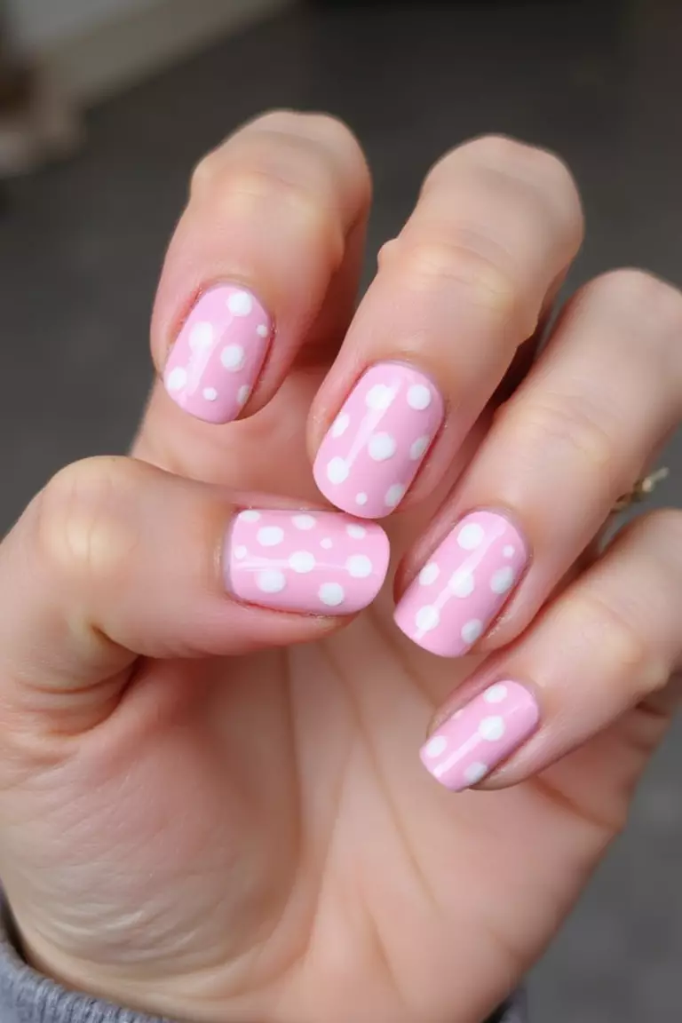 Pink Polka Dot Design Close-up of a woman's hand with five fingers featuring pink nails with white polka dots in varying sizes, playful pattern.