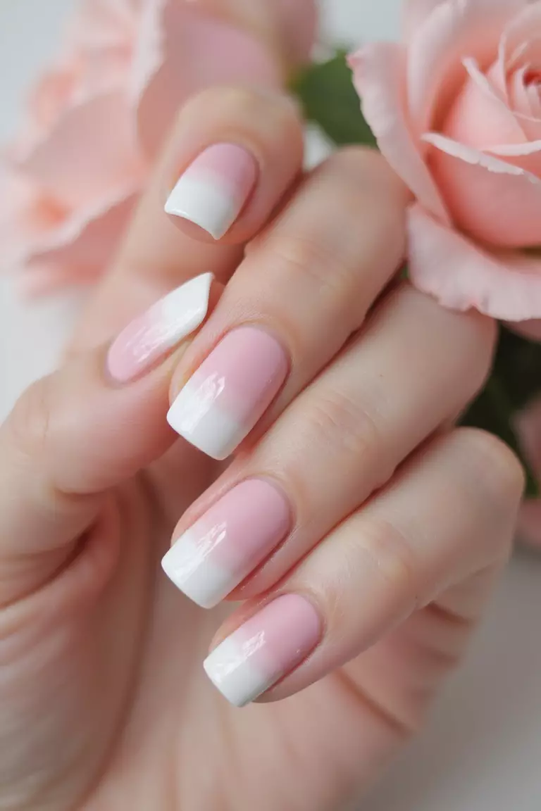 Mesmerizing Ombre: Gradient Perfection for Your Big Day Close-up of a woman's hand with ombre nails transitioning from white to blush pink, finished with a glossy topcoat against a soft-focus floral background.