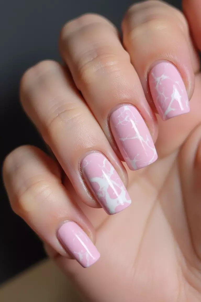 Pink Marble Nails Close-up of a woman's hand with five fingers featuring pink marble nail design with swirling white patterns, glossy finish, elegant appearance.