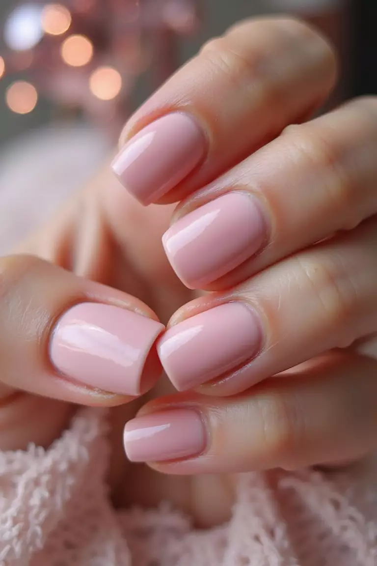 Gel Nail Durability: Long-Lasting Beauty for Your Celebration Close-up of a woman's hand with glossy gel nails in a perfect bridal pink with incredible shine and depth against a blurred festive background.