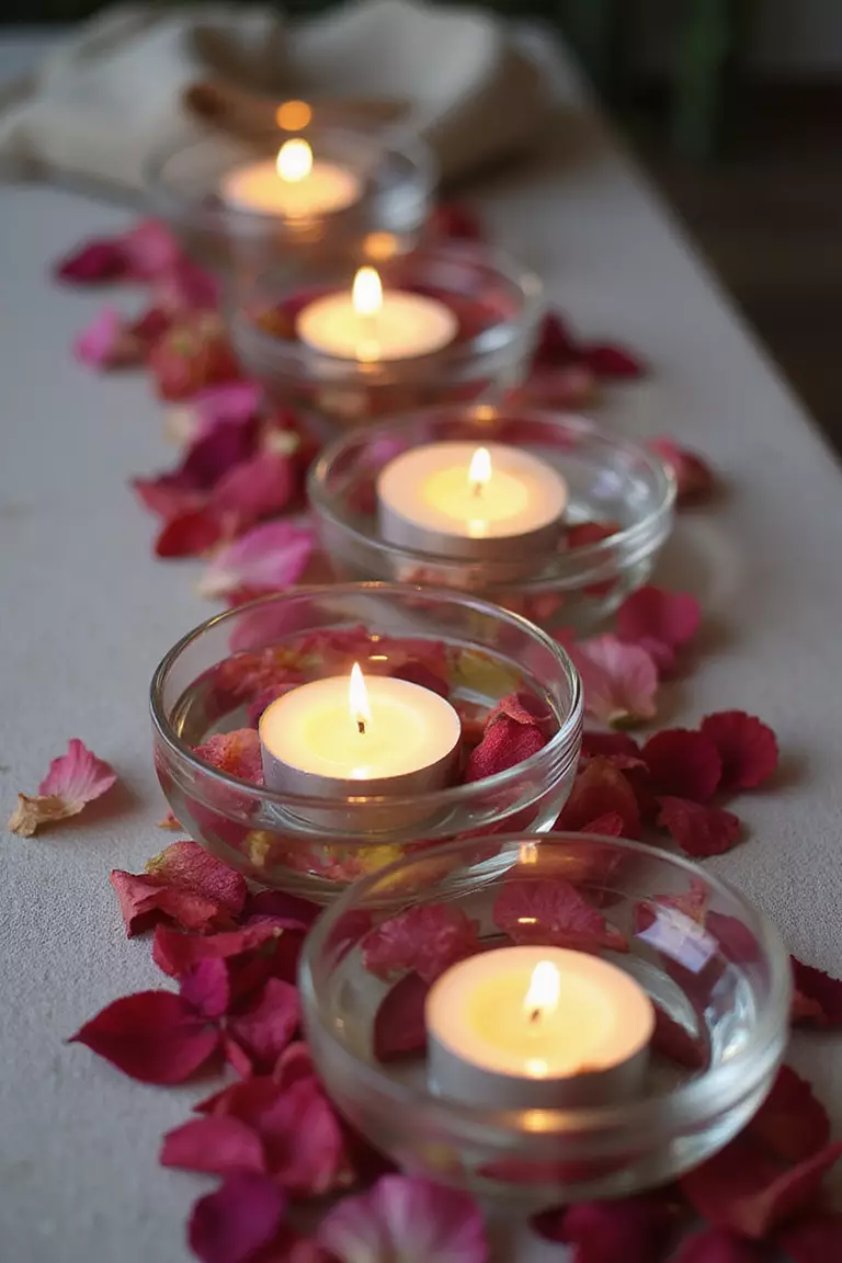 Floating Candle Display A professional photo, similar to a photo in a home design magazine, of clear glass bowls with water, floating candles, and flower petals arranged on a coffee table with soft lighting.