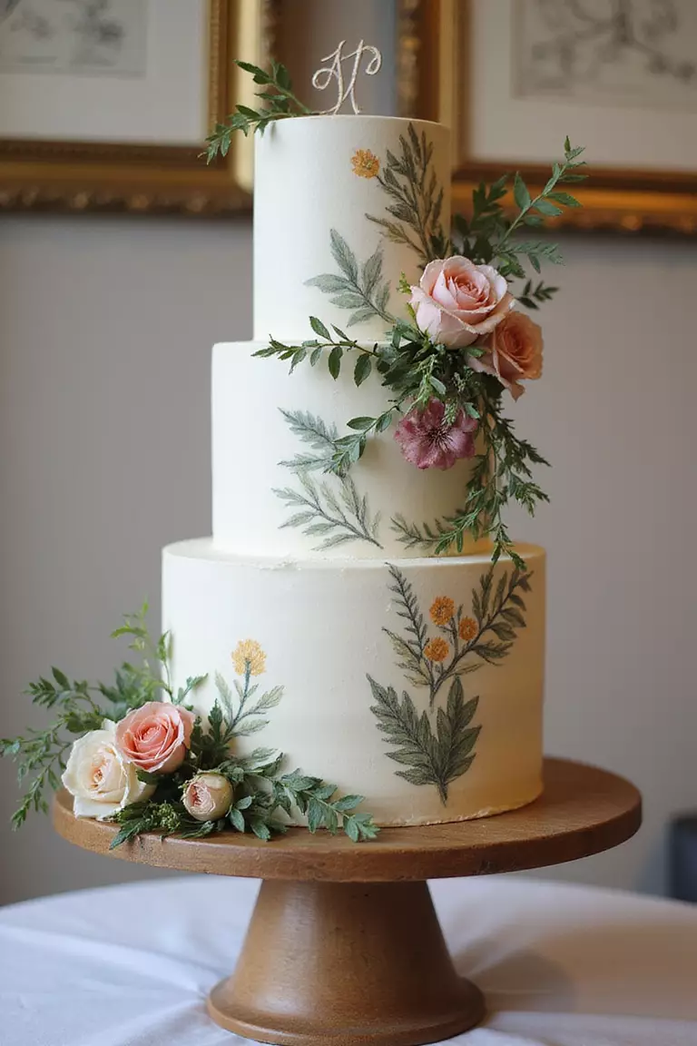 Garden-Themed Wedding Cake A professional photo, similar to a photo in a wedding magazine, of an elegant wedding cake decorated with fresh flowers, greenery, and hand-painted botanical details on a wooden cake stand.