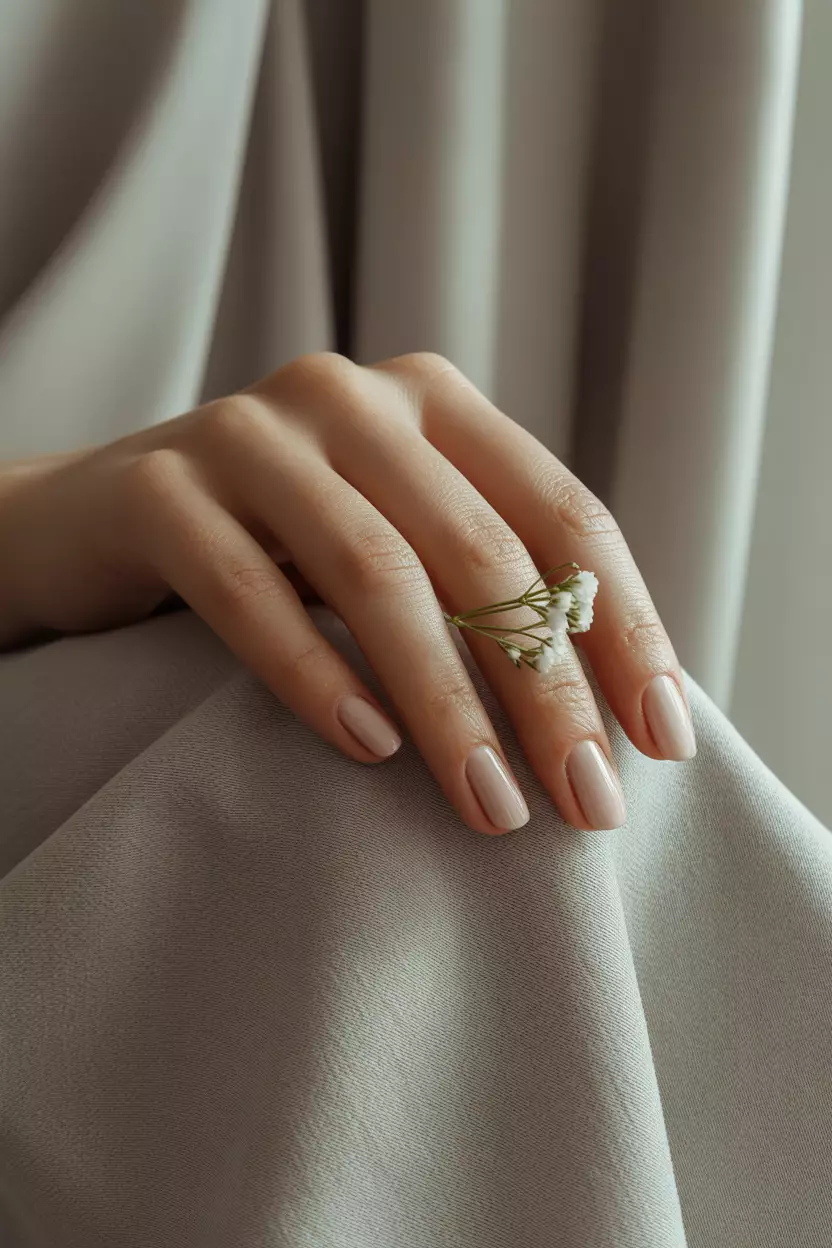 Modern Nude Close-up of a woman's hand with sleek nude nails in a glossy finish, positioned elegantly against a minimalist background.