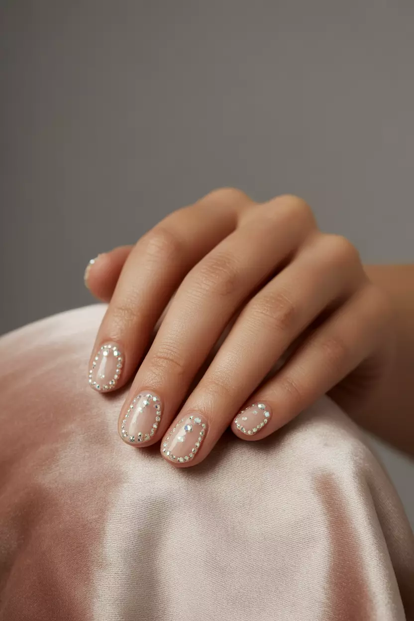 Clear With Tiny Gems Close-up of a woman's hand with clear nails featuring small rhinestones or gems placed minimally on each nail, catching light elegantly.