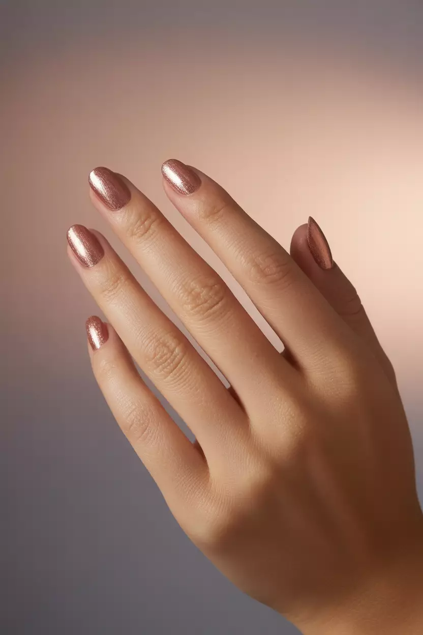 Metallic Rose Gold Close-up of a woman's hand with rose gold metallic nails reflecting warm light, positioned against a neutral background highlighting the shimmer.