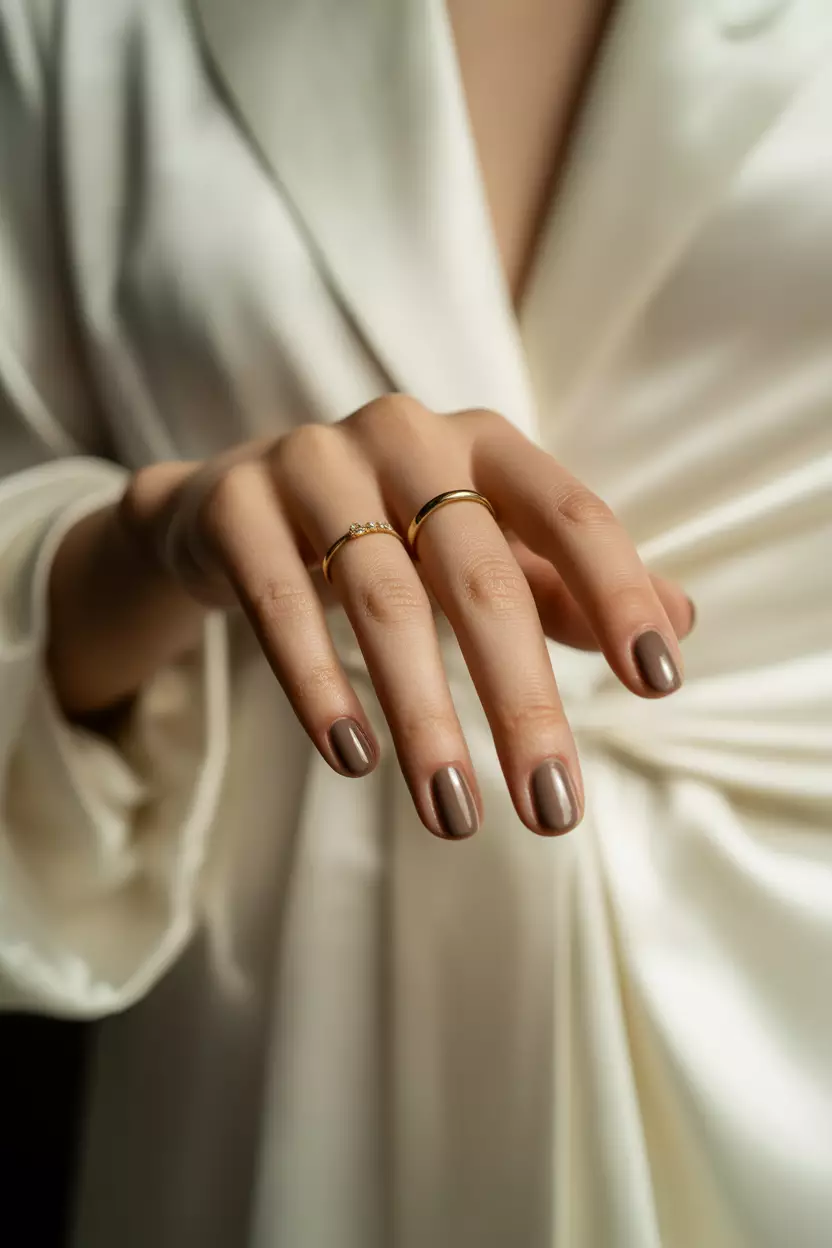 Taupe Sophistication Close-up of a woman's hand with taupe nails in a glossy finish, posed against a wedding setting highlighting the neutral yet sophisticated color.