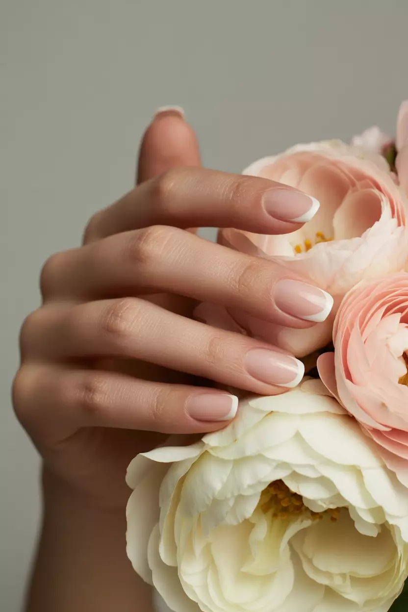 Classic French Manicure Close-up of a woman's hand with elegant French manicure featuring thin white tips against a natural pink base, posed gracefully near wedding flowers.