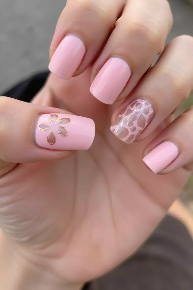 Blush Pink with Negative Space Close-up of a woman's hand with five fingers featuring pink nails with clear negative space designs, geometric cutouts showing natural nail beneath.