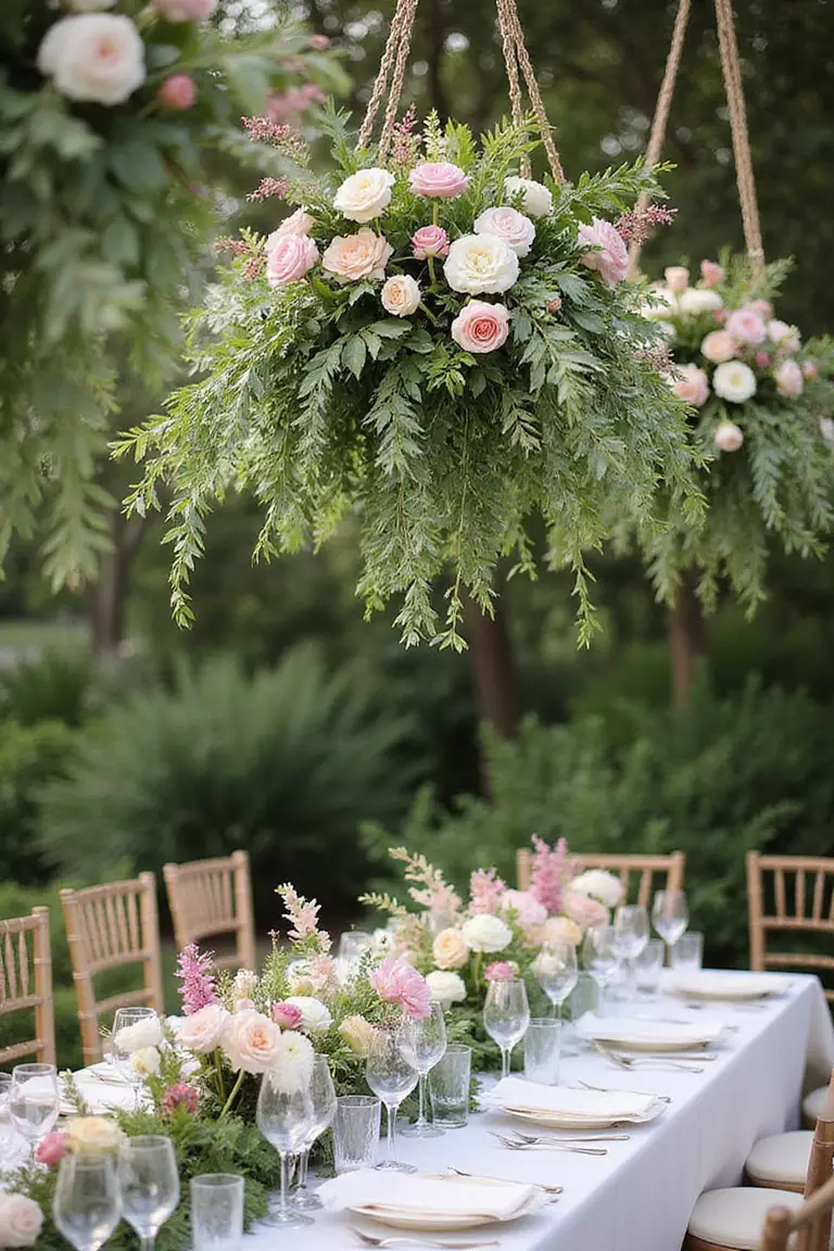 Hanging Floral Installations A professional photo, similar to a photo in a wedding magazine, of stunning suspended floral arrangements hanging above garden wedding tables, with cascading greenery and summer blooms.