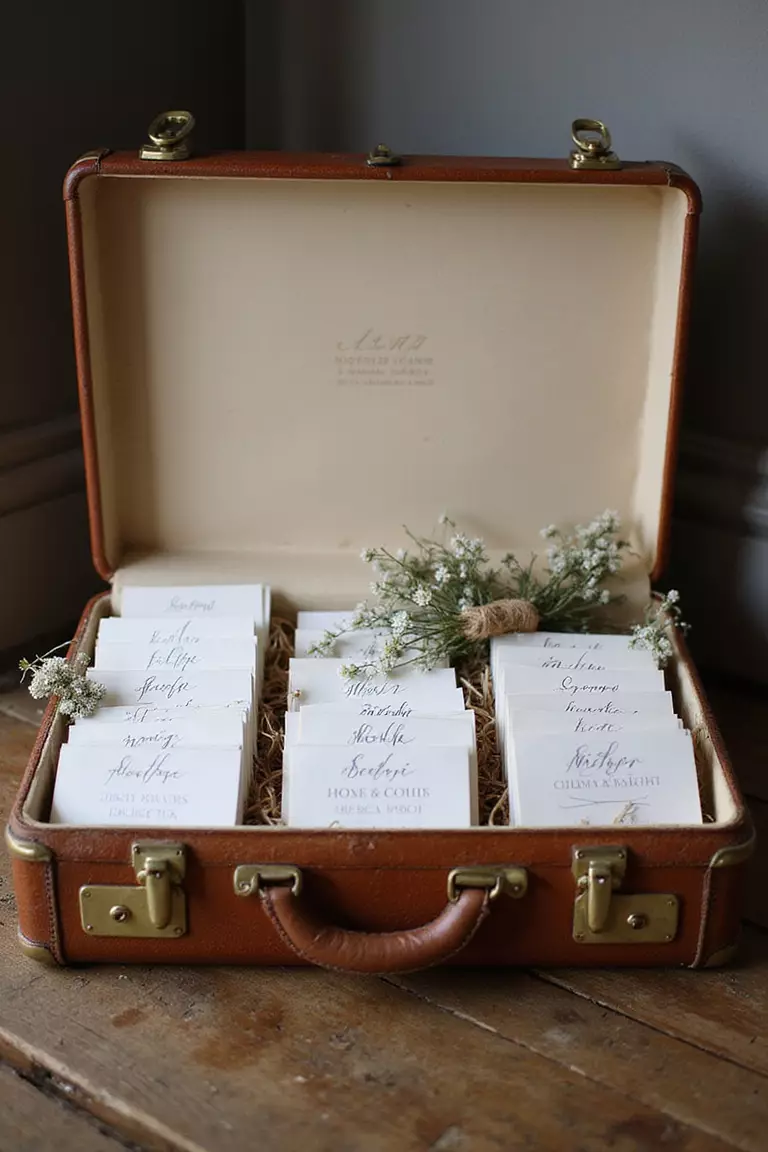 Vintage Suitcases for Card Collection A professional photo, similar to a photo in a wedding magazine, of an old vintage suitcase with worn leather and brass clasps, propped open to collect wedding cards, decorated with small flowers and twine.