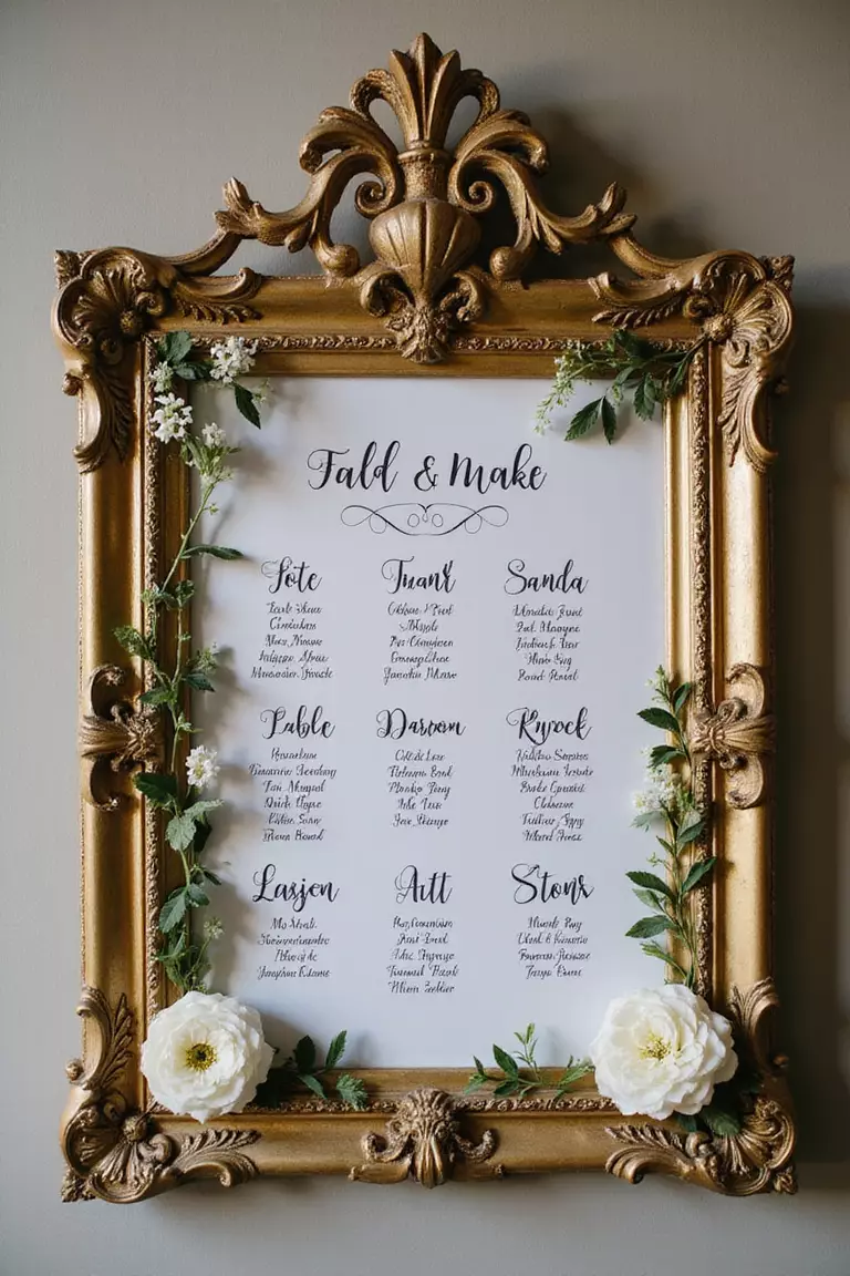 Mirror Seating Chart A professional photo, similar to a photo in a wedding magazine, of an ornate gold vintage mirror with guest names and table assignments written in elegant calligraphy with floral accents around the frame.