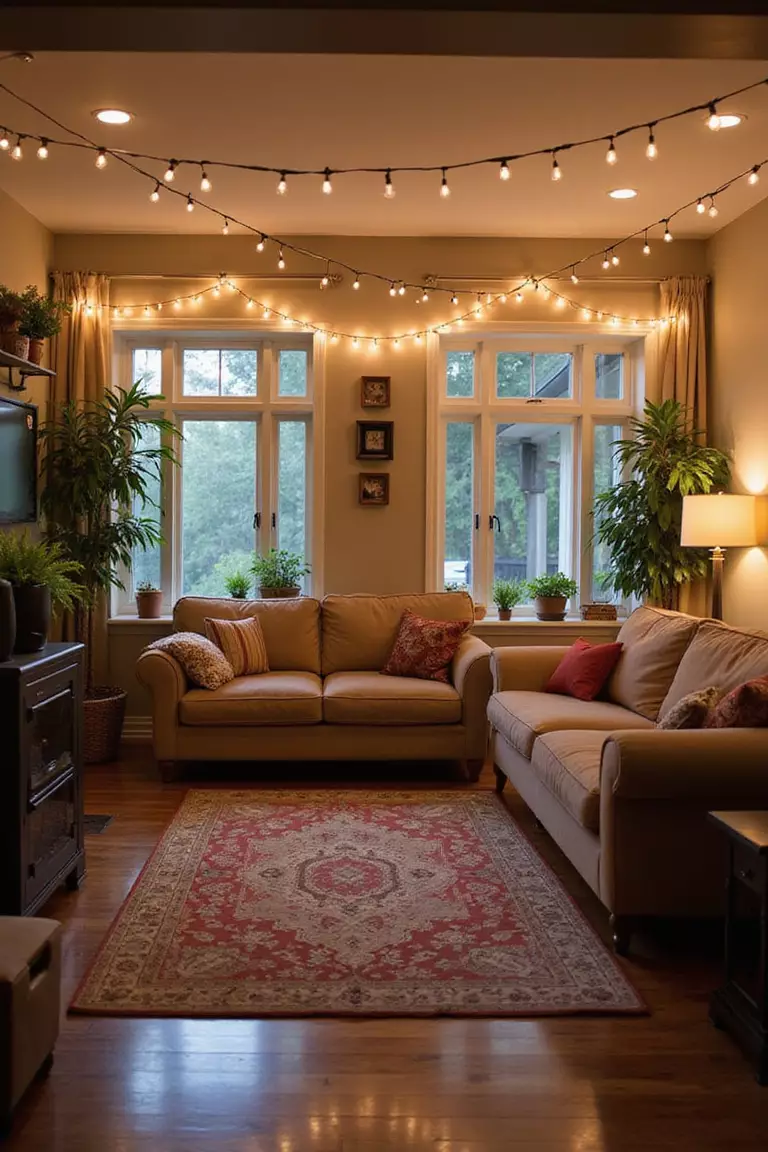 Dance Floor Space A professional photo, similar to a photo in a home design magazine, of a living room with furniture pushed aside, string lights overhead, and a small speaker system creating a dance area.