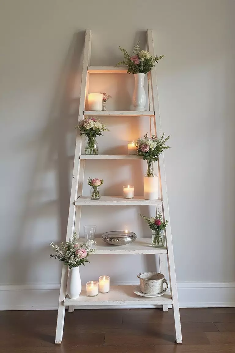 Vintage Ladder Display A professional photo, similar to a photo in a wedding magazine, of a wooden ladder painted white, each rung decorated with flowers in small vases, and glowing candles.