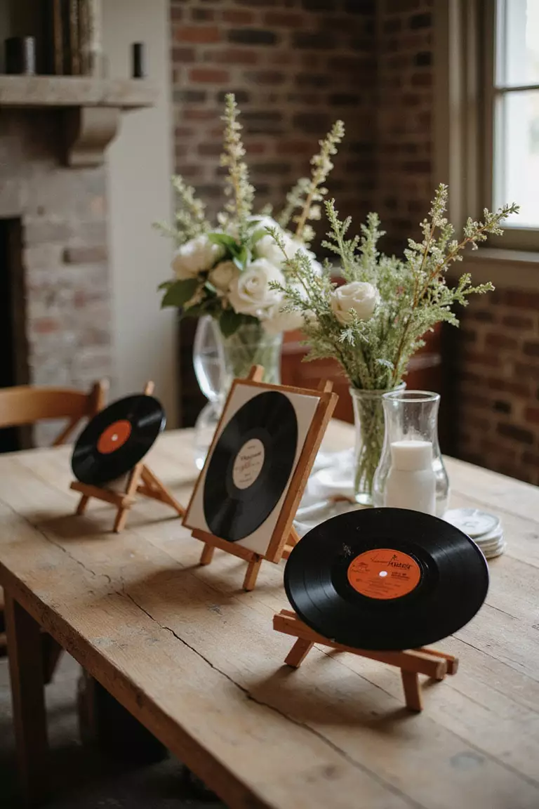 Record Albums as Decorations A professional photo, similar to a photo in a wedding magazine, of vinyl records and album covers displayed on easels as table numbers, with music-themed centerpieces and soft lighting.