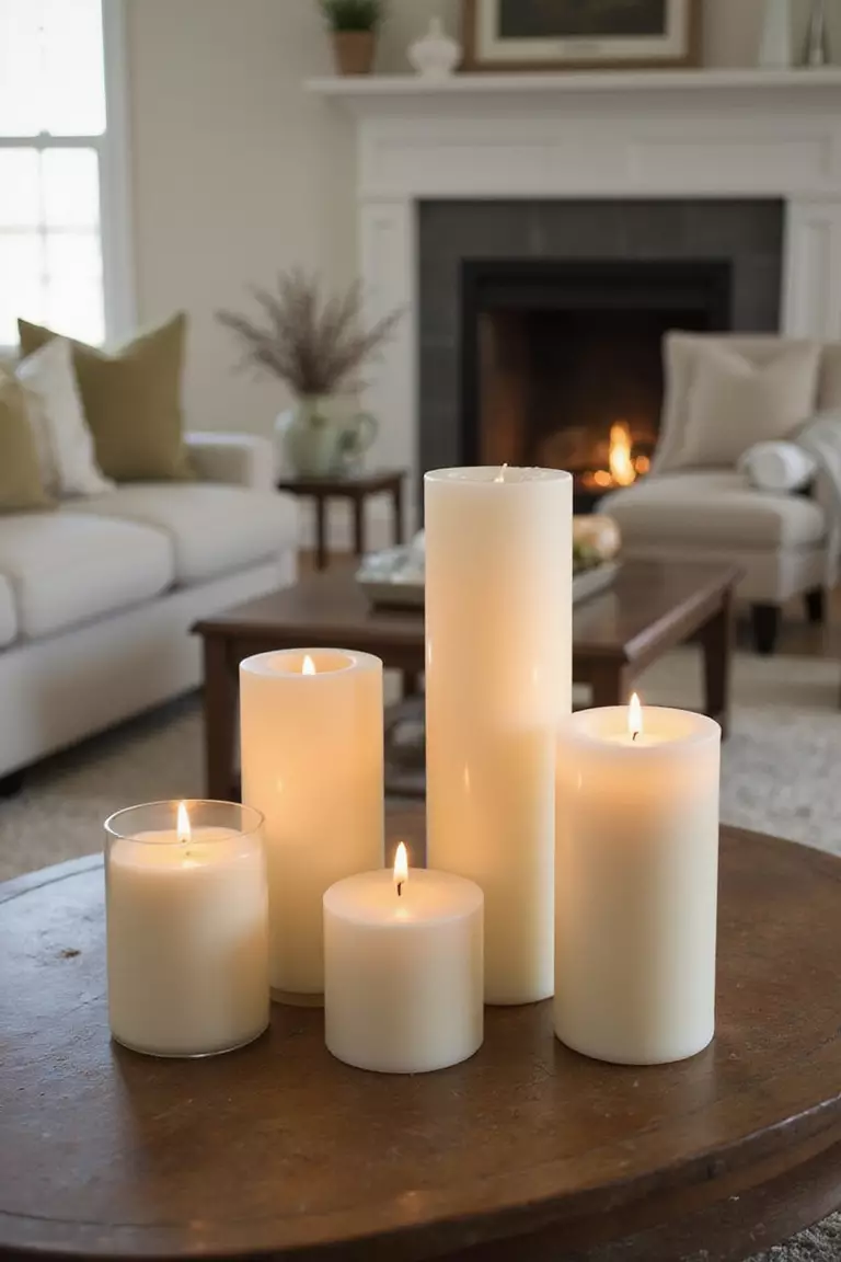 Scented Candle Collection A professional photo, similar to a photo in a home design magazine, of various sized candles grouped together on surfaces around a living room, creating a warm, inviting atmosphere.