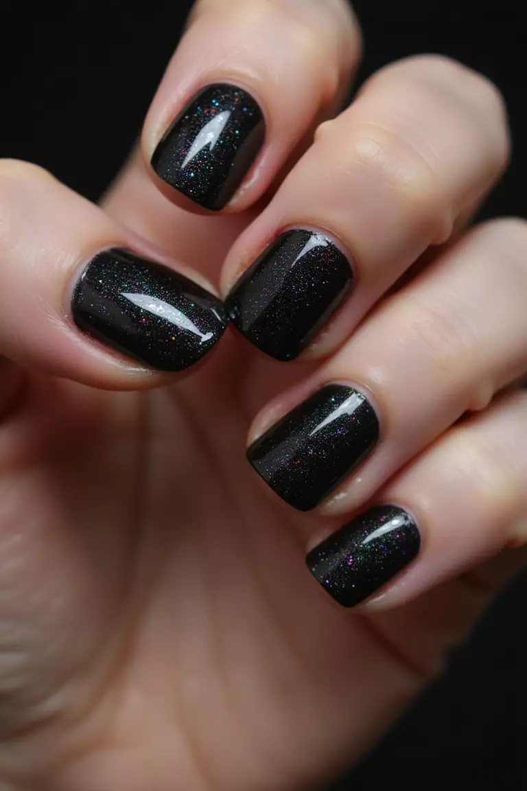 Black Cat Eye Effect Close-up of a woman's hand with five fingers featuring black nails with magnetic cat-eye effect creating shifting light patterns resembling gemstones.