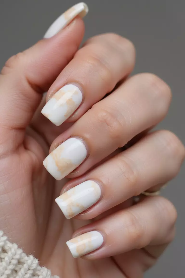 Milky Swirled Nails Close-up of a woman's hand with five fingers featuring white nails with subtle swirled patterns in cream and ivory tones, creating a marble-like effect.