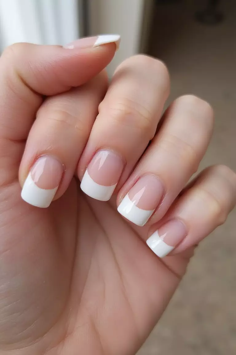 A Pearl French Manicure Close-up of a woman's hand with five fingers featuring white nails with pearl-lined French tips, giving an elegant, classic appearance.
